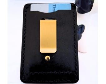 Black Veg-Tan Leather Money Clip Card Wallet – Handcrafted Minimalist Design