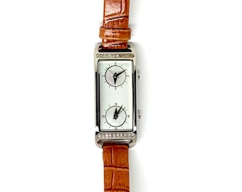 Orologio vintage Valletta con doppio fuso orario / Quadrante doppio in madreperla, strass e cinturino in pelle