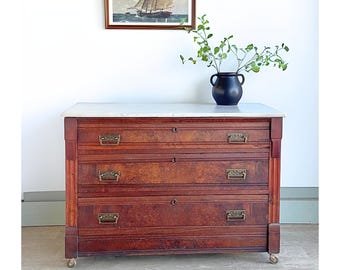 SOLD Please DO NOT Purchase, Archived Piece Only • Victorian Marble Top Dresser, 3-Drawer Chest, Antique with Casters