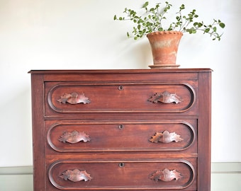 Antique Walnut Dresser - 1870s Victorian 3 Drawer Chest - Pin & Cove Knapp Joinery -Carved Wood Pulls - Casters