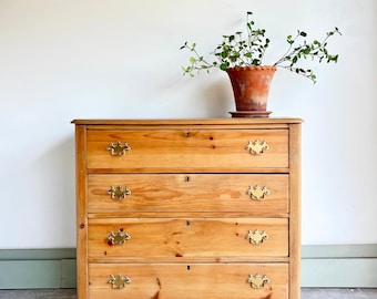 Antique Pine Dresser 4 Drawer | Raw Wood Chest | Primitive Farmhouse Storage | Dovetail Drawers | Scalloped Apron | Vintage Brass Hardware