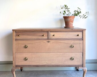 Antique Natural Wood Dresser, Large Sideboard Buffet, Entryway Storage Chest, Brass Hardware
