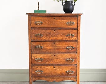 Antique Oak Chest of Drawers • Original Finish • Dovetail Joinery • Brass Hardware • Oak Dresser • Linen Storage