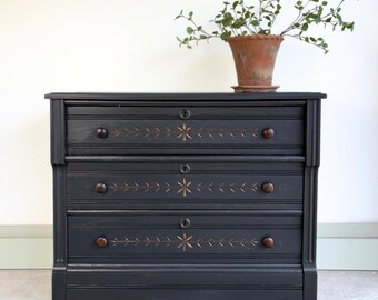 Antique Eastlake Dresser - 19th Century - Solid Oak Chest - Black 3 Drawer Victorian Entryway Storage Furniture