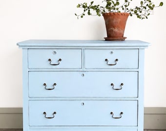 Antique French Blue Oak Dresser - Brass Casters - Solid Oak - English Cottage Style -Coastal Nursery Entry Bedroom Storage