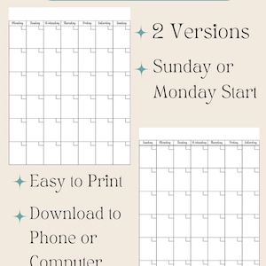 May include: A printable 6-week calendar with two versions: one starting on Sunday and the other on Monday. The calendar is easy to print and download to a phone or computer. The design features a grid layout with days of the week at the top.