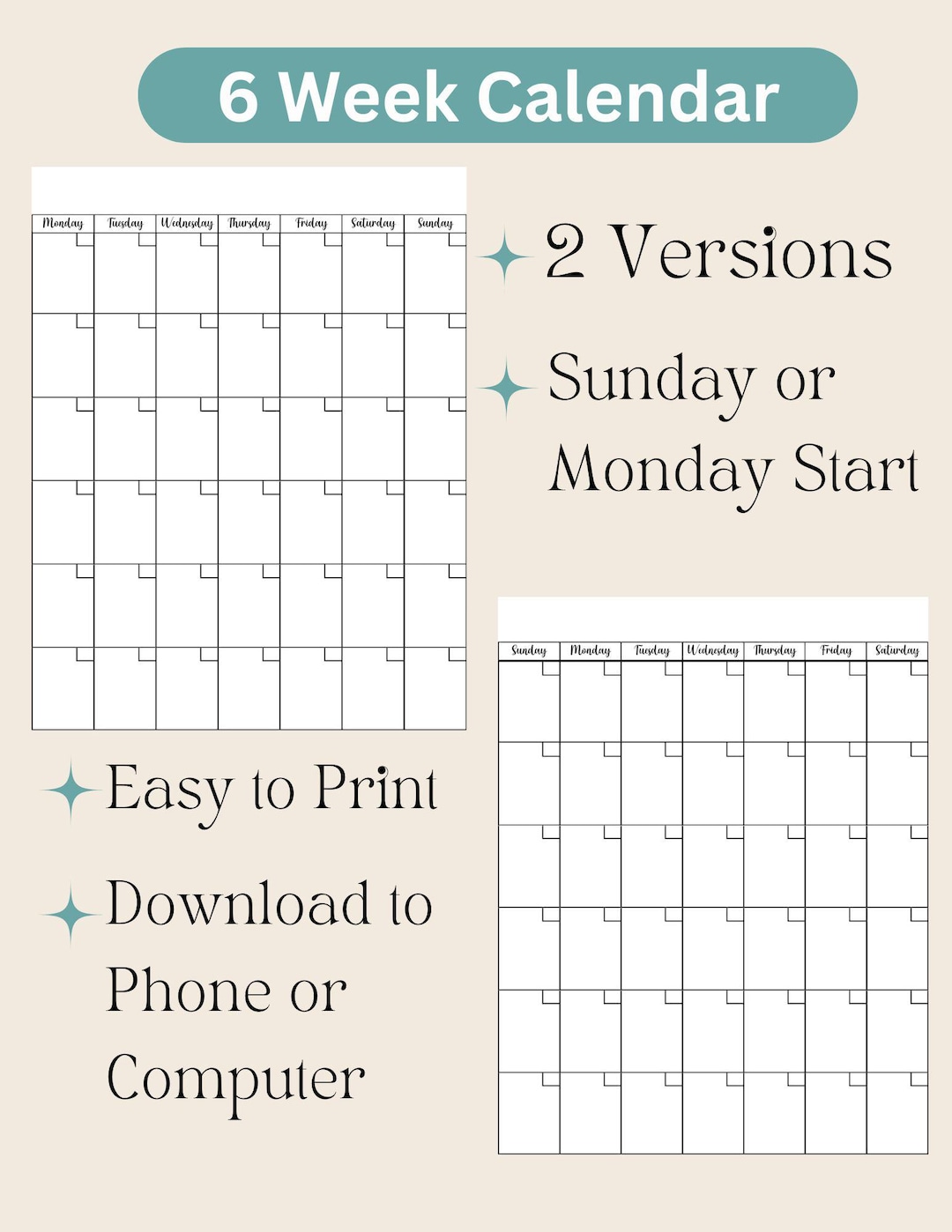 6 Week Calendar Digital Download | Blank Monthly Planner | Monday ...