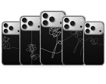 Coque noire minimaliste pour téléphone avec dessin au trait pour iPhone 17, 16Pro, 15, 14, 13, Samsung S25, S24, S23, S22, A16, A56, Pixel 10Pro