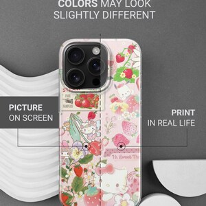 May include: Pink phone case with a strawberry and Hello Kitty design. The case features the text "Hi Sweet Thi" and "This is durable UV print". The case is shown next to a white background.