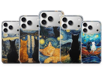Coque Van Gogh pour téléphone avec chat pour iPhone 17, 16Pro, 15, 14, 13, Samsung S25, S24, S23, S22, A16, A56, Pixel 10Pro