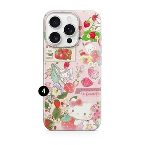 May include: A pink phone case featuring a strawberry and floral design with Hello Kitty. The case has a clear camera cutout and includes text that reads "Hi, Sweet Thing" and "Strawberries, Free Samples."