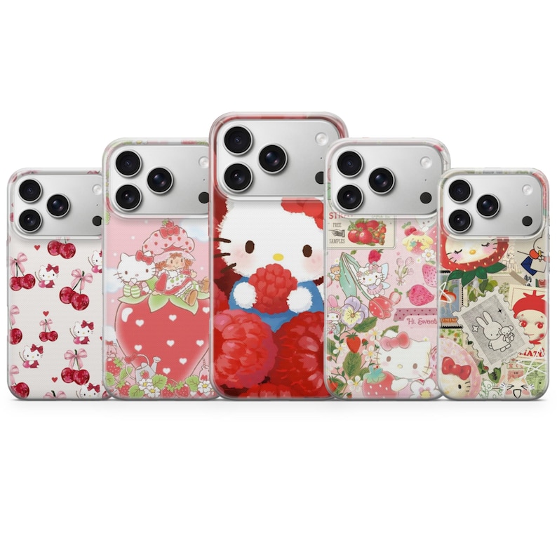 May include: Five phone cases with various designs featuring Hello Kitty and other characters. The cases have a clear border and a variety of pink, red, and white backgrounds. The designs include strawberries, cherries, and other cute illustrations.