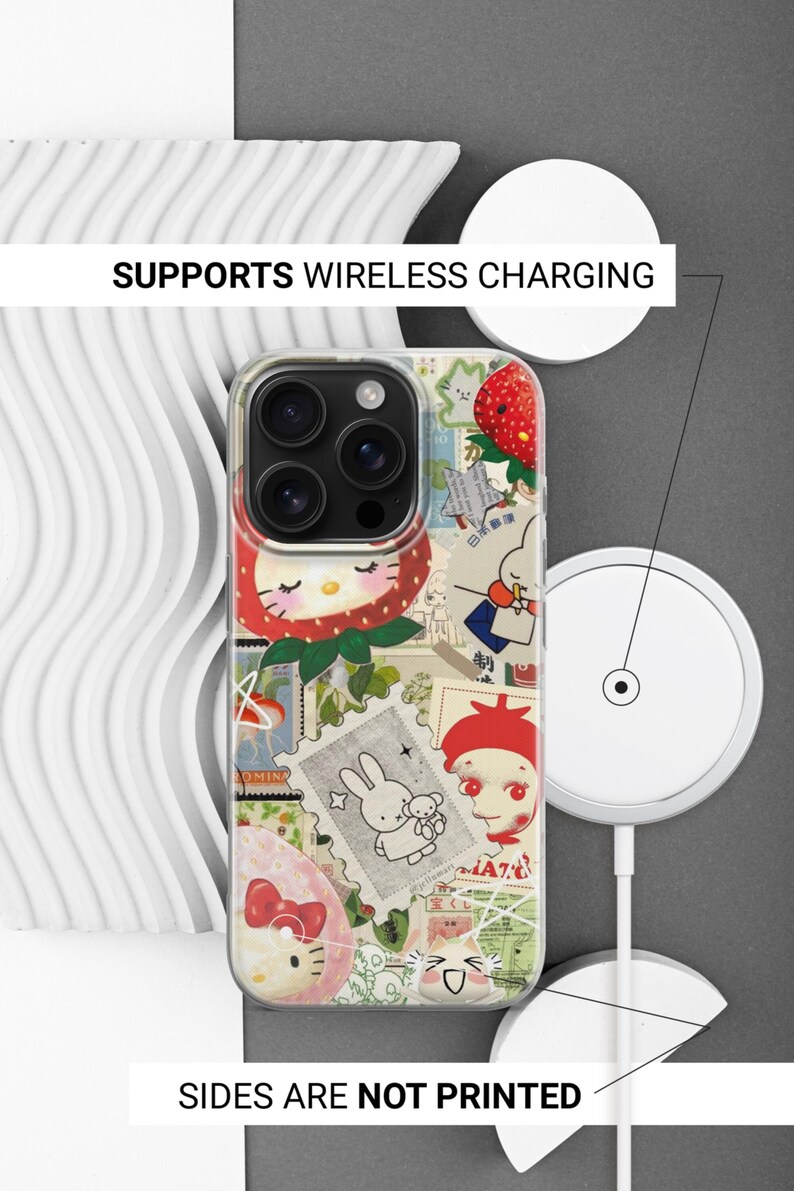 May include: Clear phone case with a collage of stamps, strawberries, and cartoon characters. The case has a clear border and the text "SUPPORTS WIRELESS CHARGING" and "SIDES ARE NOT PRINTED".