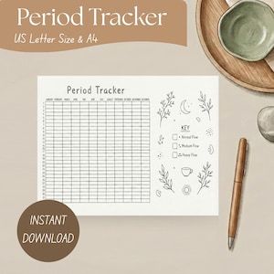 May include: A white period tracker printable with the title "Period Tracker" and a grid for tracking. The design includes decorative floral elements and a key for flow levels. The words "Instant Download" are also visible.