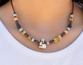 Boho Beaded Necklace, Handmade Ceramic Dog Charm, Blue Cream Earthy Bead Jewelry, Adjustable Cord