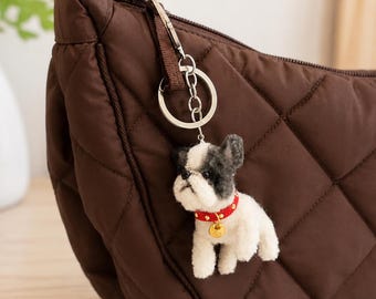 Kawaii Bag Charm, Handmade Frenchie Dog Keychain, Fluffy French Bulldog Purse Charm, Aesthetic Backpack Clip