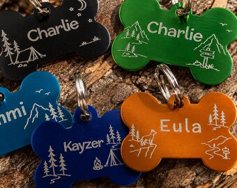 Adventure Dog Tag, Personalized Hiking Camping ID Tag, Mountain Nature Dog Name Tag, Outdoor Bone Tag