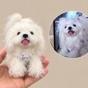 May include: A small, white, fluffy, needle-felted dog figurine with a pink tongue, black nose, and a small hair tie on its head. It wears a decorative collar with purple accents. A circular inset shows a photograph of a real white dog.