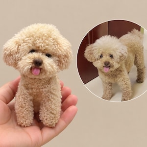 May include: A small, beige, curly-haired poodle figurine with a dark nose and a pink tongue sticking out. The miniature dog is crafted to resemble the real poodle shown in the circular inset image, featuring textured fur and realistic facial details.