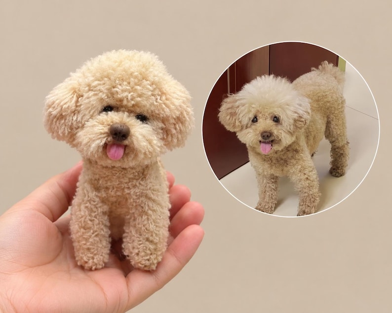 May include: A small, beige, curly-haired poodle figurine with a dark nose and a pink tongue sticking out. The miniature dog is crafted to resemble the real poodle shown in the circular inset image, featuring textured fur and realistic facial details.