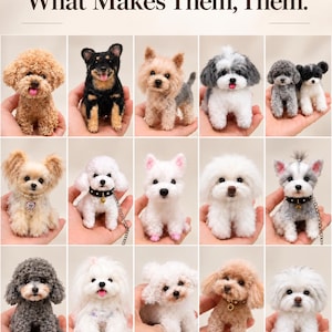 May include: A collection of fifteen miniature needle-felted dog figurines in various breeds and colours, including poodles, terriers, and bichons. The image features the text ADVANCED CUSTOMIZATION What Makes Them, Them.
