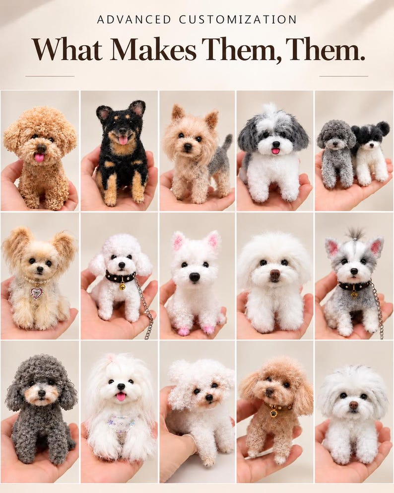 May include: A collection of fifteen miniature needle-felted dog figurines in various breeds and colours, including poodles, terriers, and bichons. The image features the text ADVANCED CUSTOMIZATION What Makes Them, Them.