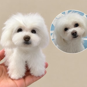 May include: A small, white, fluffy needle-felted dog figurine with dark eyes and a brown nose, modelled after the white dog with a light blue background shown in the circular inset image. The figurine is crafted to resemble a Maltese dog.