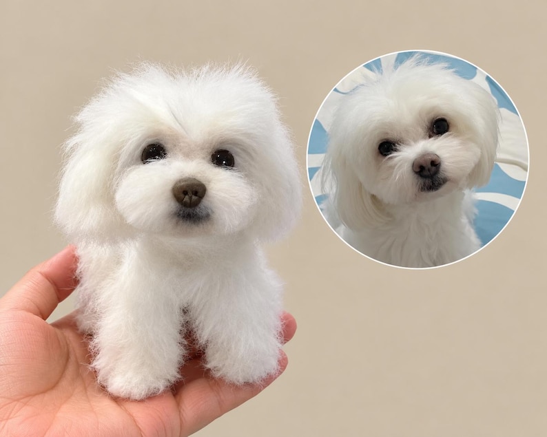 May include: A small, white, fluffy needle-felted dog figurine with dark eyes and a brown nose, modelled after the white dog with a light blue background shown in the circular inset image. The figurine is crafted to resemble a Maltese dog.