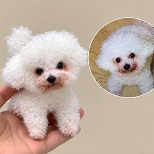 May include: A small, white, curly-haired needle-felted dog figurine with dark eyes and a black nose. The figurine is modelled after the white curly-haired dog shown in the circular inset photo, which features a similar dog with reddish-brown fur around its mouth.