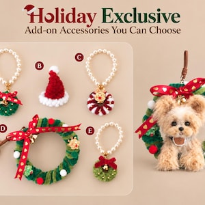 May include: Holiday Exclusive Add-on Accessories You Can Choose. Five decorative items labelled A through E featuring miniature wreaths, a red Santa hat, and pearl loops. A larger wreath with a plush dog figure is shown on the right.