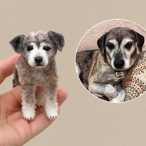 May include: A small needle-felted dog figurine with grey, brown, and white mottled fur, black ears, and dark eyes. Beside it is a circular photograph of a real dog with similar colouring wearing a bone-shaped tag that reads CARL.