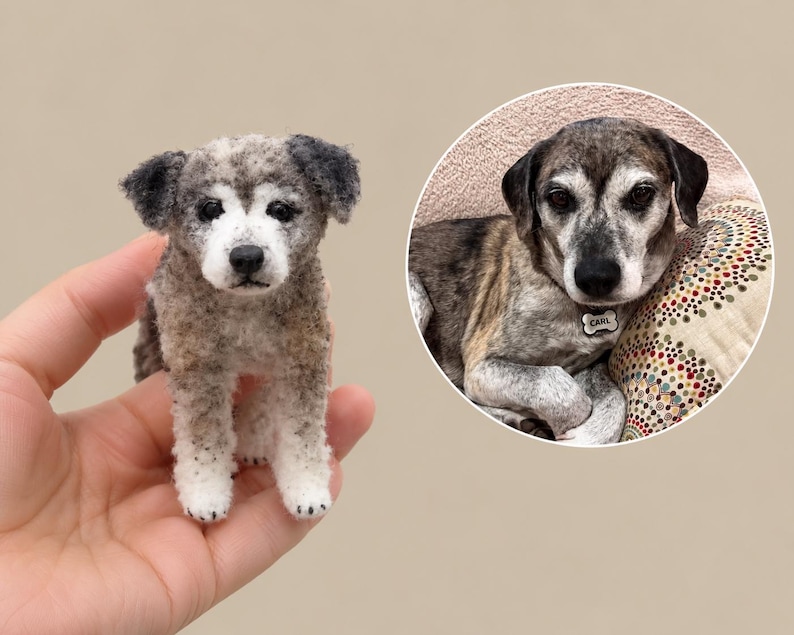 May include: A small needle-felted dog figurine with grey, brown, and white mottled fur, black ears, and dark eyes. Beside it is a circular photograph of a real dog with similar colouring wearing a bone-shaped tag that reads CARL.