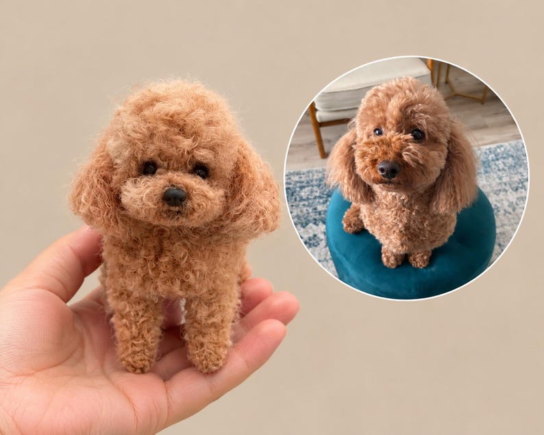 May include: A small, handcrafted needle-felted figurine of a brown poodle with curly, textured wool fibres. The miniature dog features dark eyes and a black nose, mirroring the appearance of the real brown poodle shown in the circular inset.