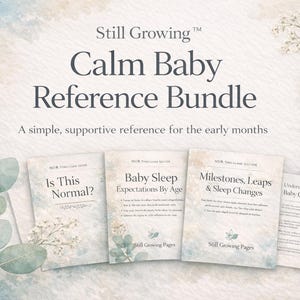 Pode incluir: A imagem apresenta uma coleção de livros de referência para bebês, o "Calm Baby Reference Bundle". Os livros abordam temas como sono do bebê e marcos. O design inclui fundos de aquarela suaves e detalhes botânicos.