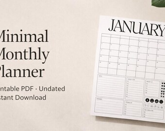 Minimalistisk månadsplanerare, odaterad utskrivbar PDF, produktivitetssidor
