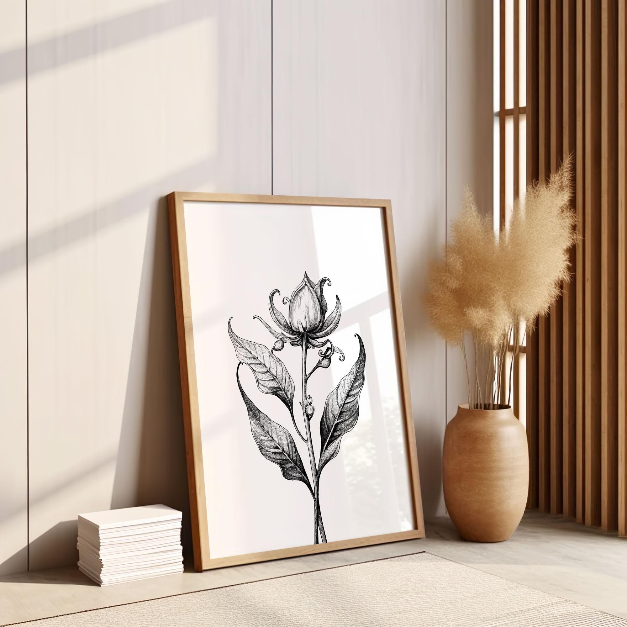 Surrealist Floral Pen and Ink Drawing, Minimalist Black and White Line ...
