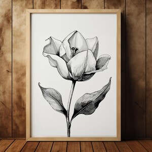 May include: A framed black and white botanical print featuring a detailed illustration of a tulip flower. The artwork showcases the flower's petals, stem, and leaves with intricate shading, set against a white background within a light wood frame.