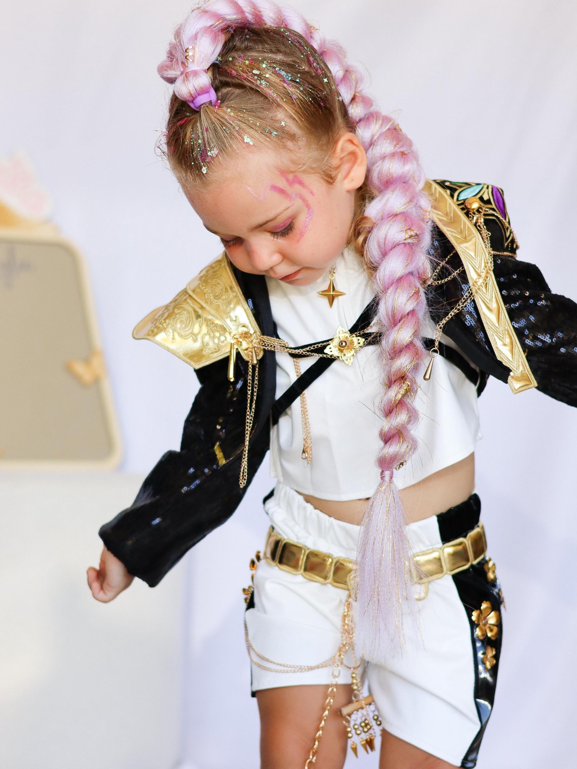 rumi golden dress Kpop Demon Hunters Rumi Golden Black Performance Dance Outfit Ver2 Bec –  Becostume main image 0