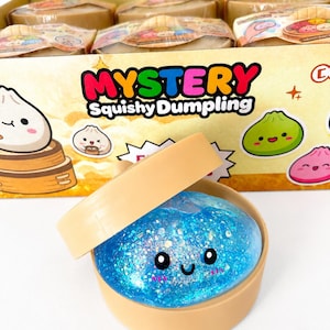 May include: A blue glittery squishy dumpling toy with a smiling face, housed in a tan plastic bamboo-style steamer basket. The background features a cardboard display box labeled Mystery Squishy Dumpling with colorful illustrations of various dumplings.