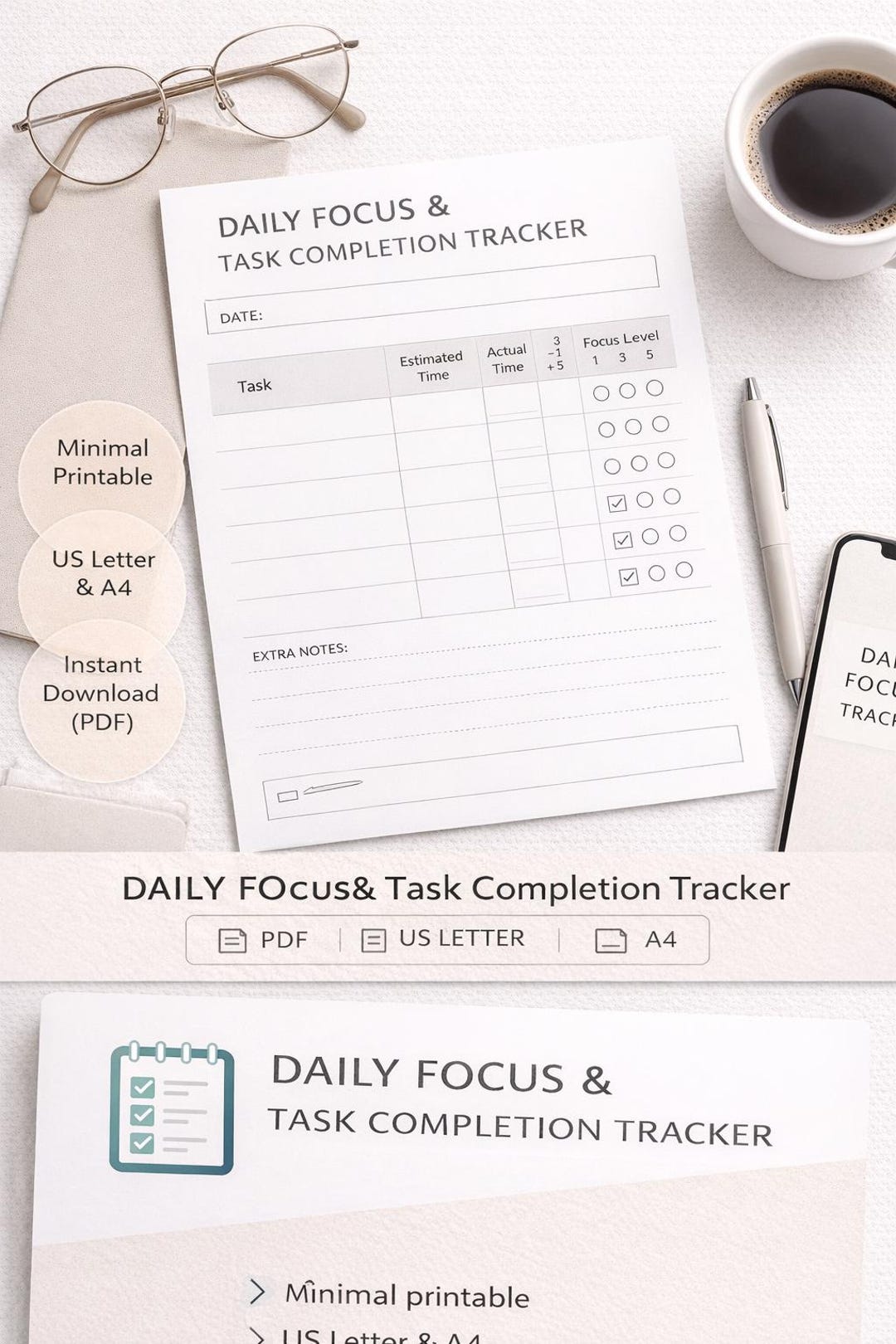 Daily Focus & Task Completion Tracker | Minimal Printable Productivity ...