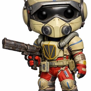 May include: A collectible figure of a soldier in a cream-coloured helmet with a blue stripe, a respirator mask, and a gun. The figure wears a red and cream-coloured uniform with protective gear. The figure has large black eyes.