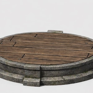 May include: A round, weathered stone and wood platform. The top surface is made of wooden planks, and the base is constructed from layered stone blocks. The platform is designed with a rustic, aged aesthetic.