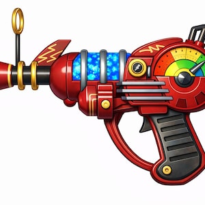 May include: A red ray gun with gold and black accents. The toy gun features a gauge with a colorful dial, a trigger, and a blue glowing tube. The design is reminiscent of a retro sci-fi aesthetic.