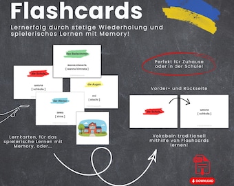Może przedstawiać: Zestaw edukacyjnych fiszek z różnymi słowami i ilustracjami na białych kartach. Projekt zawiera rysunek postaci, niebiesko-żółtą grafikę pociągnięcia pędzla oraz tekst w języku niemieckim i rosyjskim. Układ pokazuje przykłady przodu i tyłu kart, wskazując na produkt do pobrania cyfrowego.