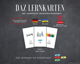 Może przedstawiać: Karty edukacyjne z tekstem niemieckim i ukraińskim. Karty zawierają zadania matematyczne, zimowe sceny i kredki. Tekst zawiera "DAZ LERNKARTEN" i "Basic Bundle". Obraz jest na ciemnym tle tablicy.
