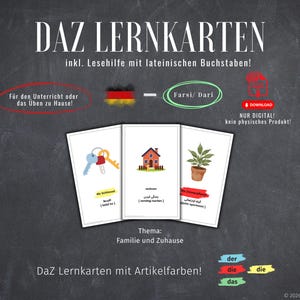 May include: Three flashcards with illustrations of keys, a house, and a potted plant, with text in German and Farsi. The cards are part of a learning set, with the title "DAZ LERNKARTEN" at the top. The theme is "Family and Home."