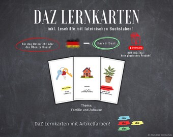 Może przedstawiać: Trzy fiszki z ilustracjami kluczy, domu i rośliny doniczkowej, z tekstem w języku niemieckim i farsi. Karty są częścią zestawu edukacyjnego, z tytułem "DAZ LERNKARTEN". Tematem przewodnim jest "Rodzina i Dom".