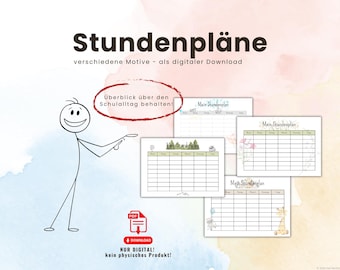 Może przedstawiać: Zestaw czterech cyfrowych szablonów tygodniowego planu lekcji zatytułowanych Mein Stundenplan, z ilustracją ludzika, czerwoną ikoną pobierania PDF oraz niemieckim tekstem Stundenpläne, verschiedene Motive - als digitaler Download.