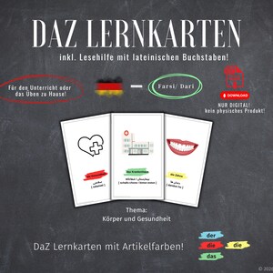 May include: Educational flashcards with the title "DAZ LERNKARTEN" in white text on a dark background. The cards feature images of a heart, a hospital, and a set of teeth. The text includes "Farsi/Dari" and "Körper und Gesundheit".