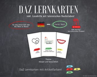Może przedstawiać: Karty edukacyjne "DAZ LERNKARTEN" na ciemnym tle. Karty przedstawiają serce, szpital i zęby. Tekst zawiera "Farsi/Dari" i "Körper und Gesundheit". Zaprojektowane do nauki z literami łacińskimi.